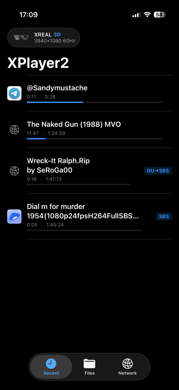 XPlayer2 on iPhone — Recent list with the XREAL 3D badge