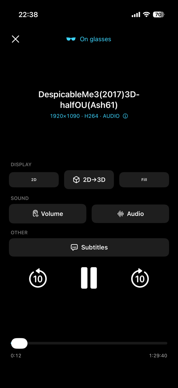 XPlayer2 iOS player — instant 2D to 3D control, playing on glasses