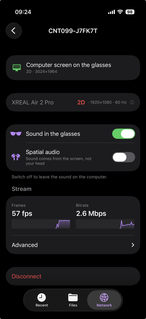 XPlayer2 remote on iPhone — the computer's screen on the glasses, sound switch and live stream figures